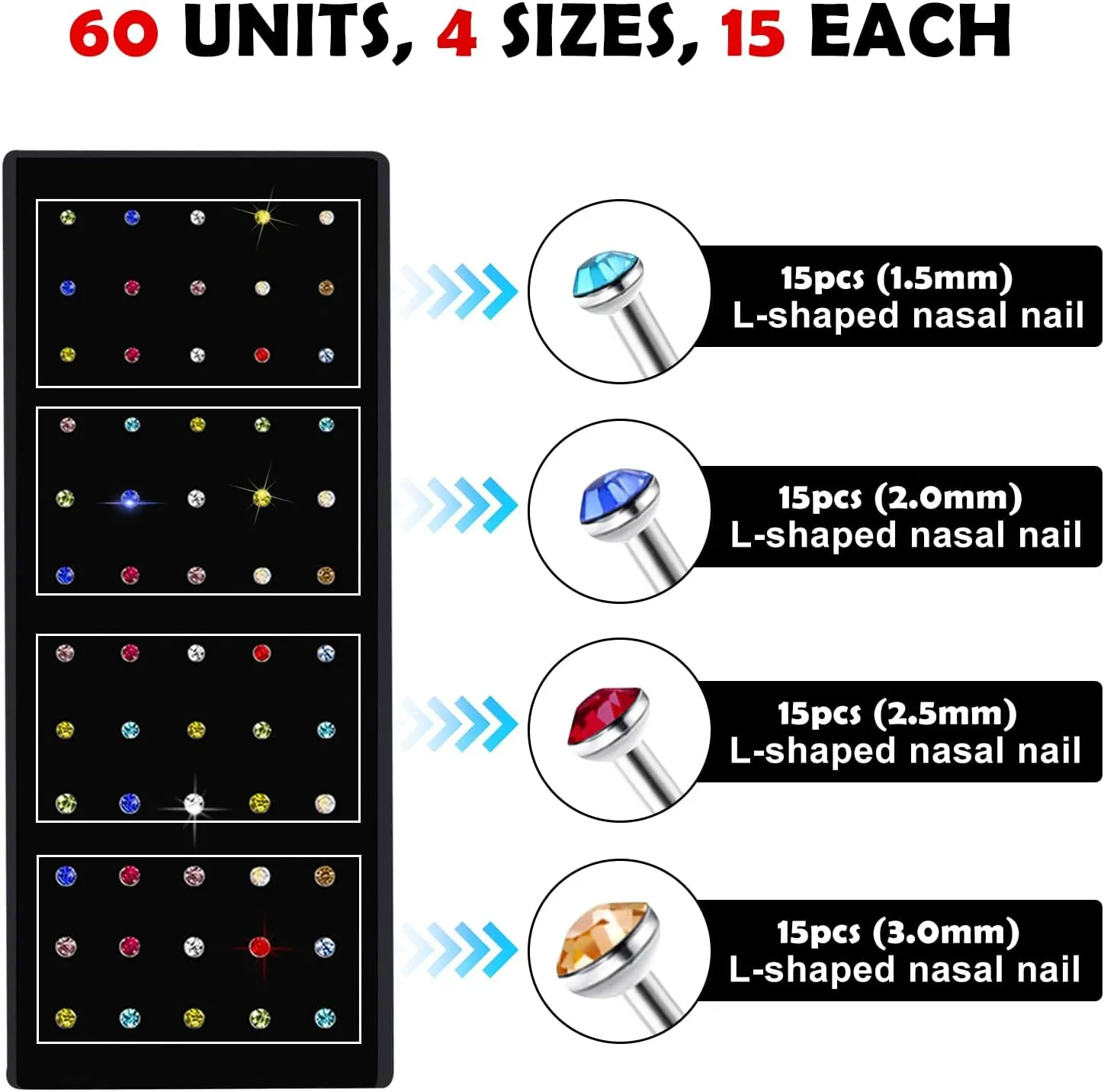 24-60pcs Nose Rings, Nose Studs, 18G-23G (1.5mm 1.8mm 2mm 2.5mm 3.0mm)