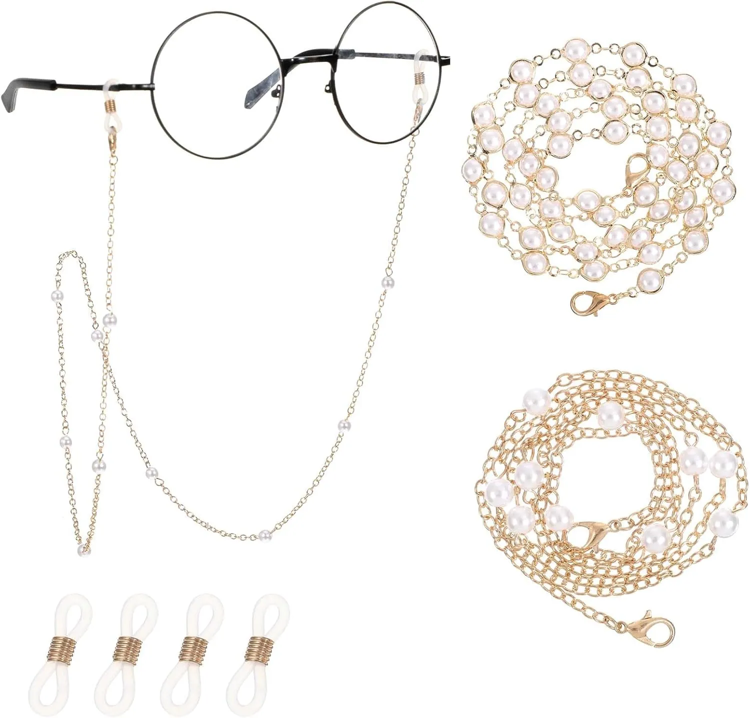 2PCS Eyeglass Chains Eye Glass Chains Women Beaded Lanyard, Chain for Glasses Around Neck Women, Stylish Gold & White
