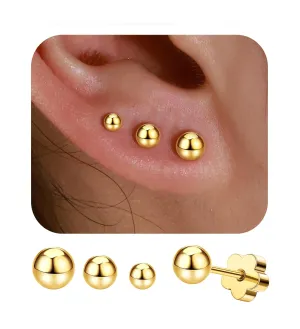 3 Pairs Flatback Stud Earrings for Women Girls Ball Cartilage Stud Earrings Set Screw Flower Back Nap Earrings Stainless Steel 14K Gold Earrings Gift for Women