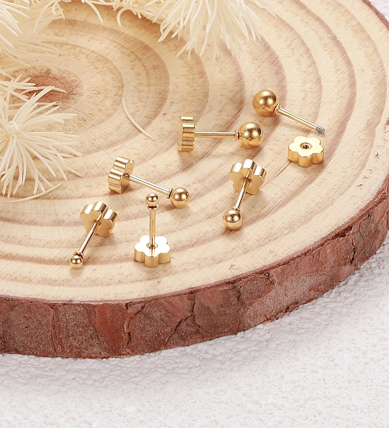 3 Pairs Flatback Stud Earrings for Women Girls Ball Cartilage Stud Earrings Set Screw Flower Back Nap Earrings Stainless Steel 14K Gold Earrings Gift for Women