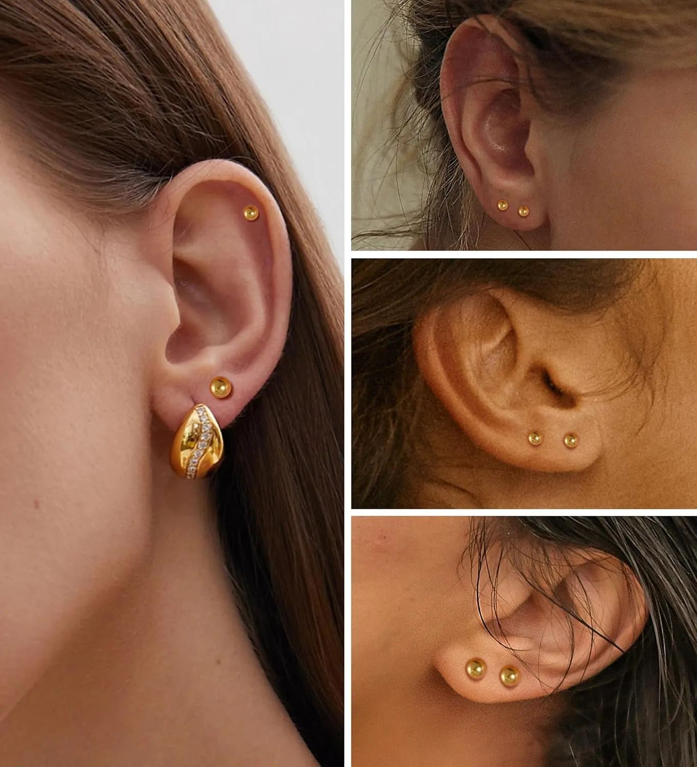 3 Pairs Flatback Stud Earrings for Women Girls Ball Cartilage Stud Earrings Set Screw Flower Back Nap Earrings Stainless Steel 14K Gold Earrings Gift for Women