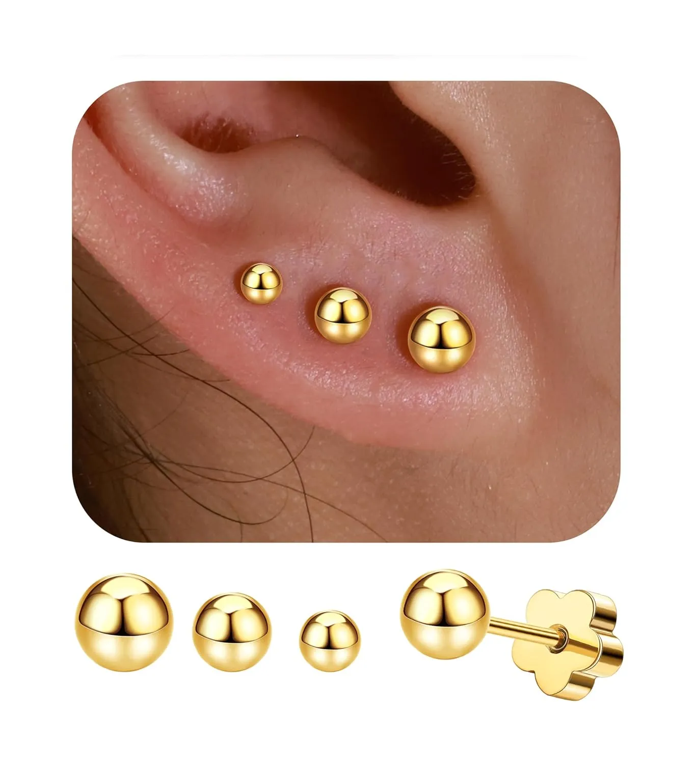 3 Pairs Flatback Stud Earrings for Women Girls Ball Cartilage Stud Earrings Set Screw Flower Back Nap Earrings Stainless Steel 14K Gold Earrings Gift for Women