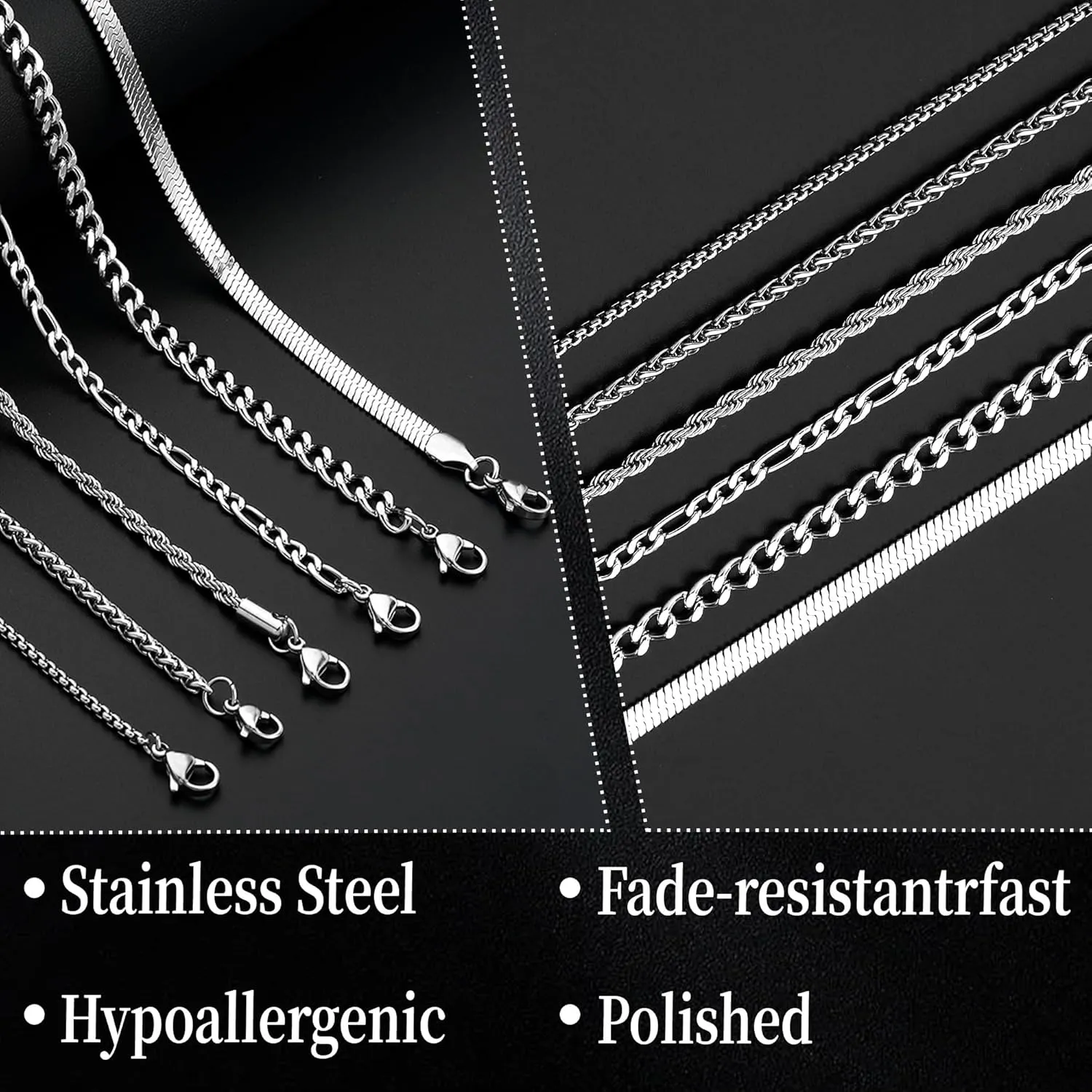 3 Pcs Chains for Men Women Boys Black/Gold/Silver Necklace for Men Women Boys 316L Stainless Steel Chains Set Jewelry Gifts for Men Women Boys,16/18/20/22/24 Inches