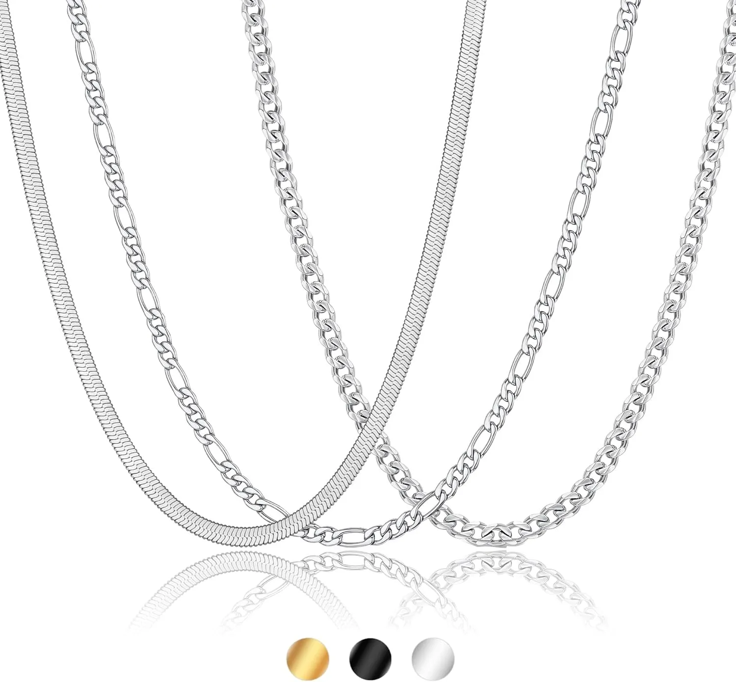 3 Pcs Chains for Men Women Boys Black/Gold/Silver Necklace for Men Women Boys 316L Stainless Steel Chains Set Jewelry Gifts for Men Women Boys,16/18/20/22/24 Inches