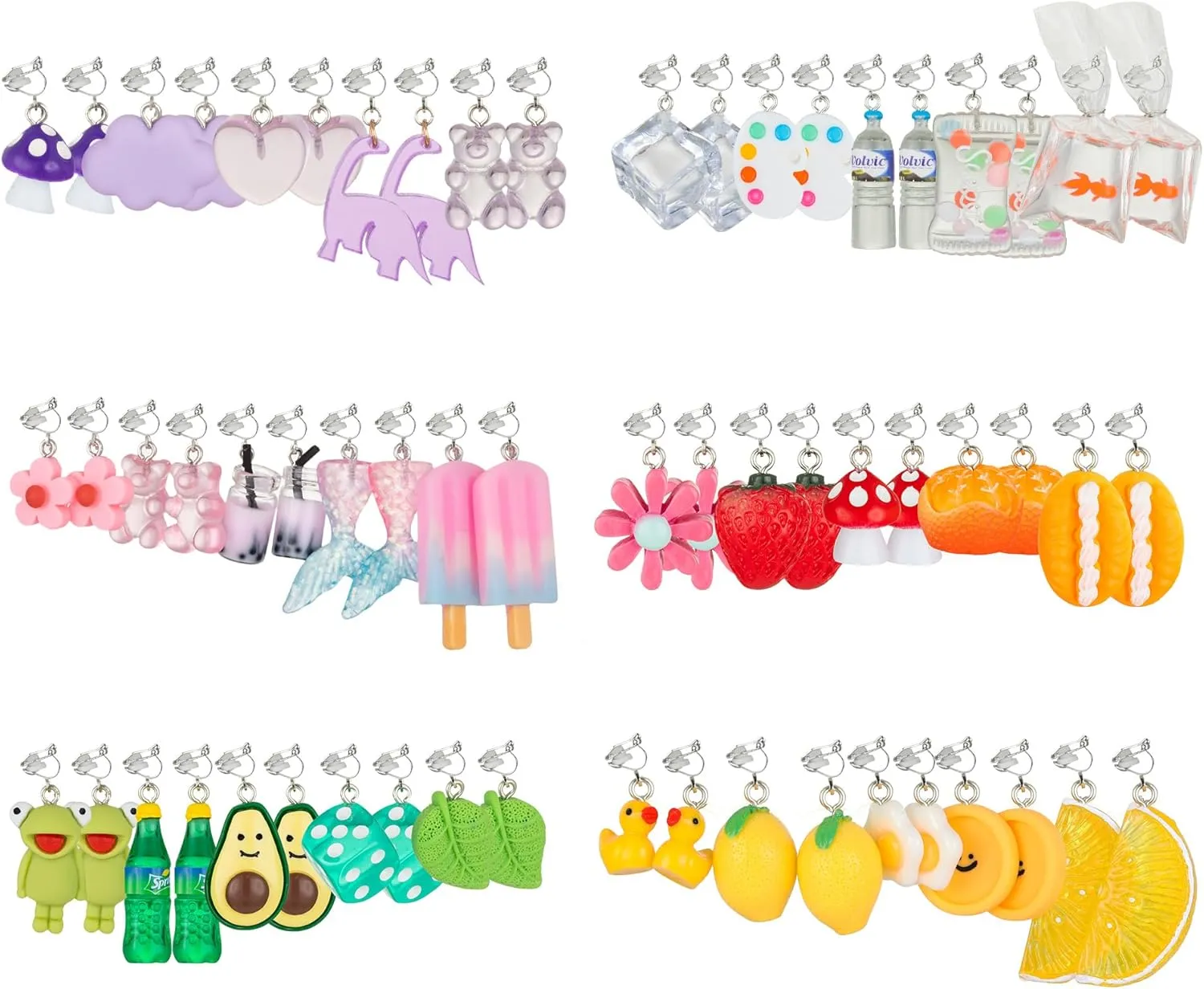 30 Pairs Weird Cute Funny Fun Dangle (or Clip on) Earrings set for Women Unique Bear Duck Mushroom Fruit Flowers Food Animal Drop Dangle Aesthetic Earrings Gifts for Women