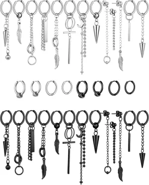 34 Pieces Stainless Steel Dangle Hinged Hoop Earrings Piercing Hoop Huggie Earrings with Long Chain Feather Leaf Dangle
