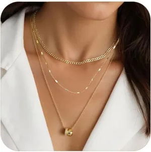 3Pcs Layered Gold Necklaces for Women - Stackable 14K Gold Plated Herringbone Paperclip Mariner Chain Choker Necklaces Set, Minimalist Gold Jewelry