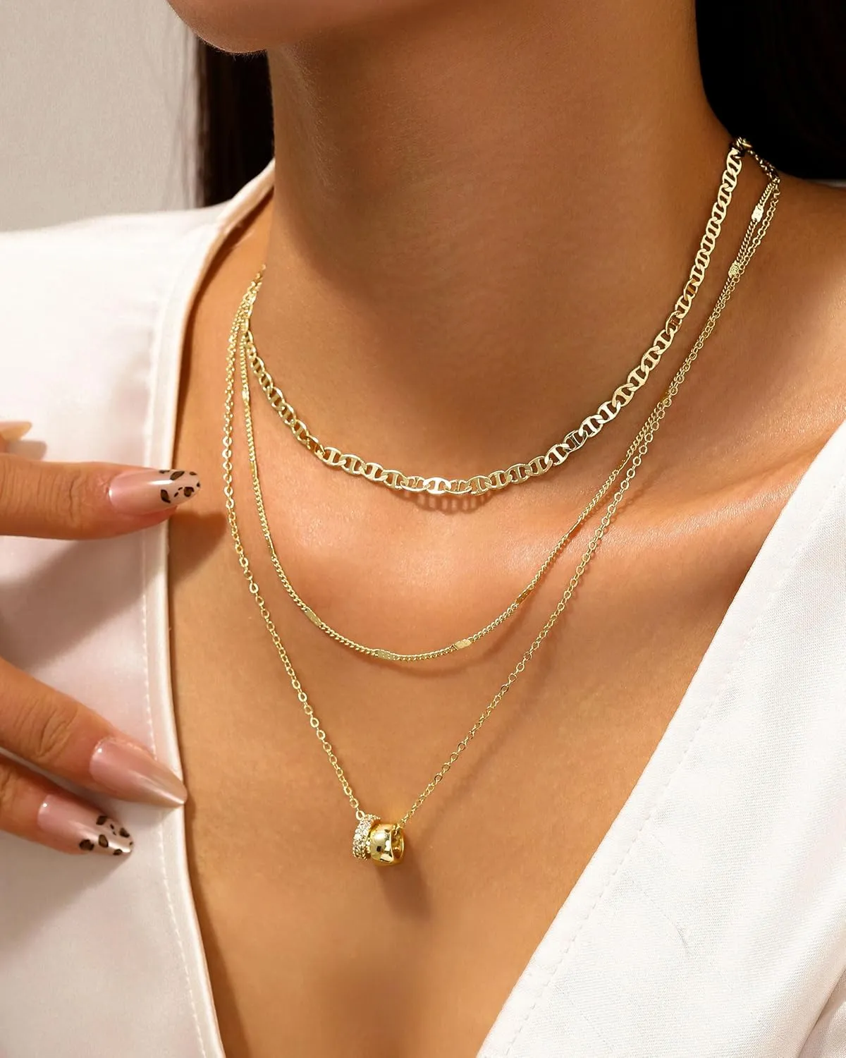 3Pcs Layered Gold Necklaces for Women - Stackable 14K Gold Plated Herringbone Paperclip Mariner Chain Choker Necklaces Set, Minimalist Gold Jewelry