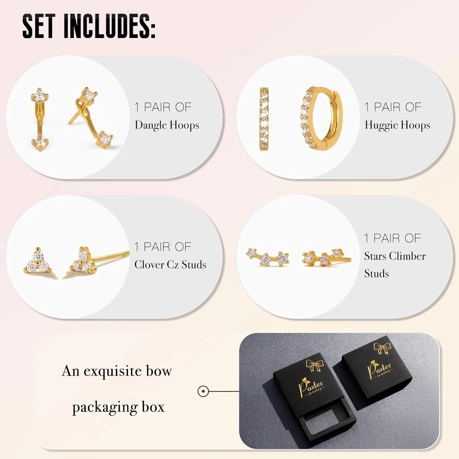 4 Pairs Stud Hoop Earrings Set for Women, Trendy Dangle Jacket Huggie Stacks for Multiple Piercing, Hypoallergenic Cartilage Jewelry Gifts
