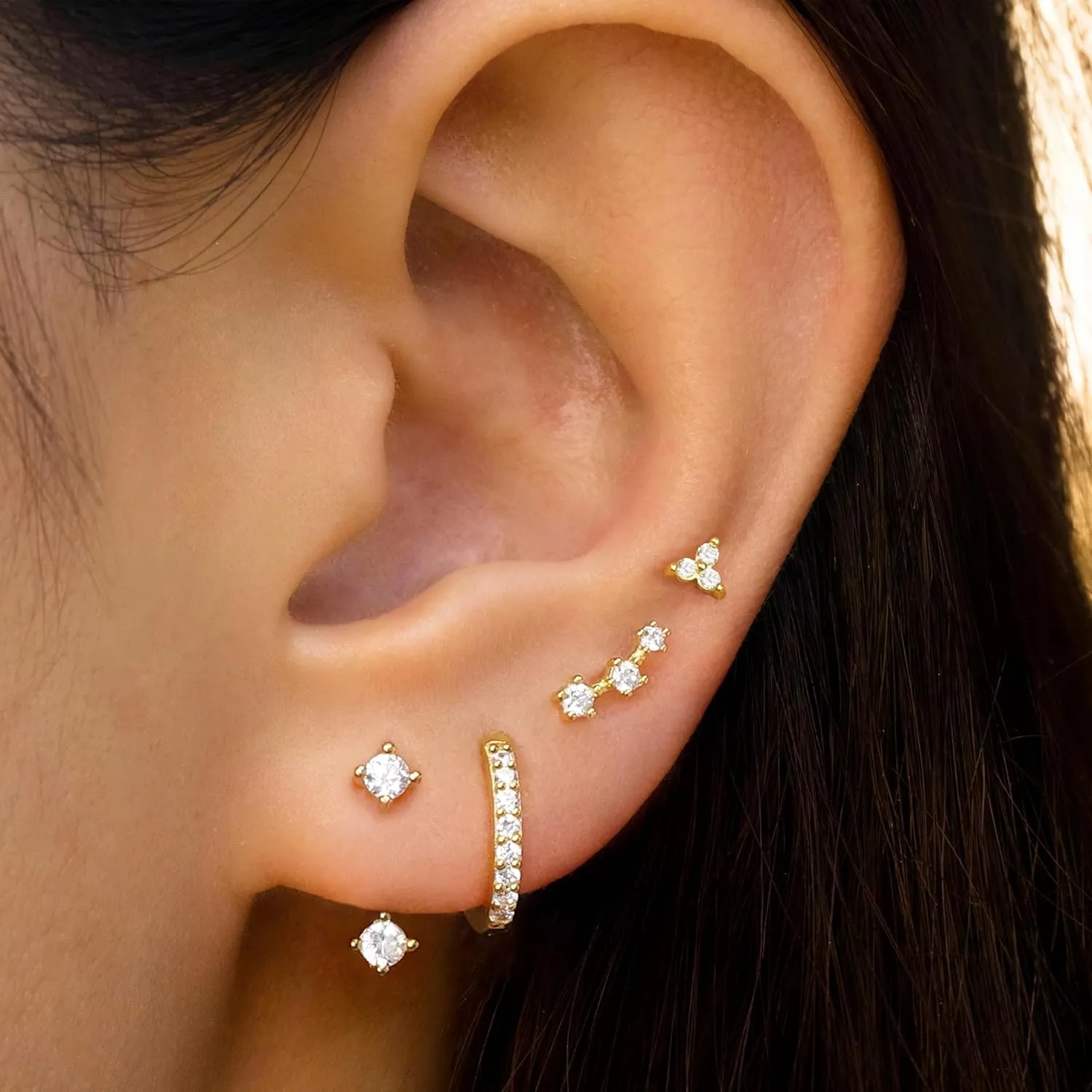 4 Pairs Stud Hoop Earrings Set for Women, Trendy Dangle Jacket Huggie Stacks for Multiple Piercing, Hypoallergenic Cartilage Jewelry Gifts