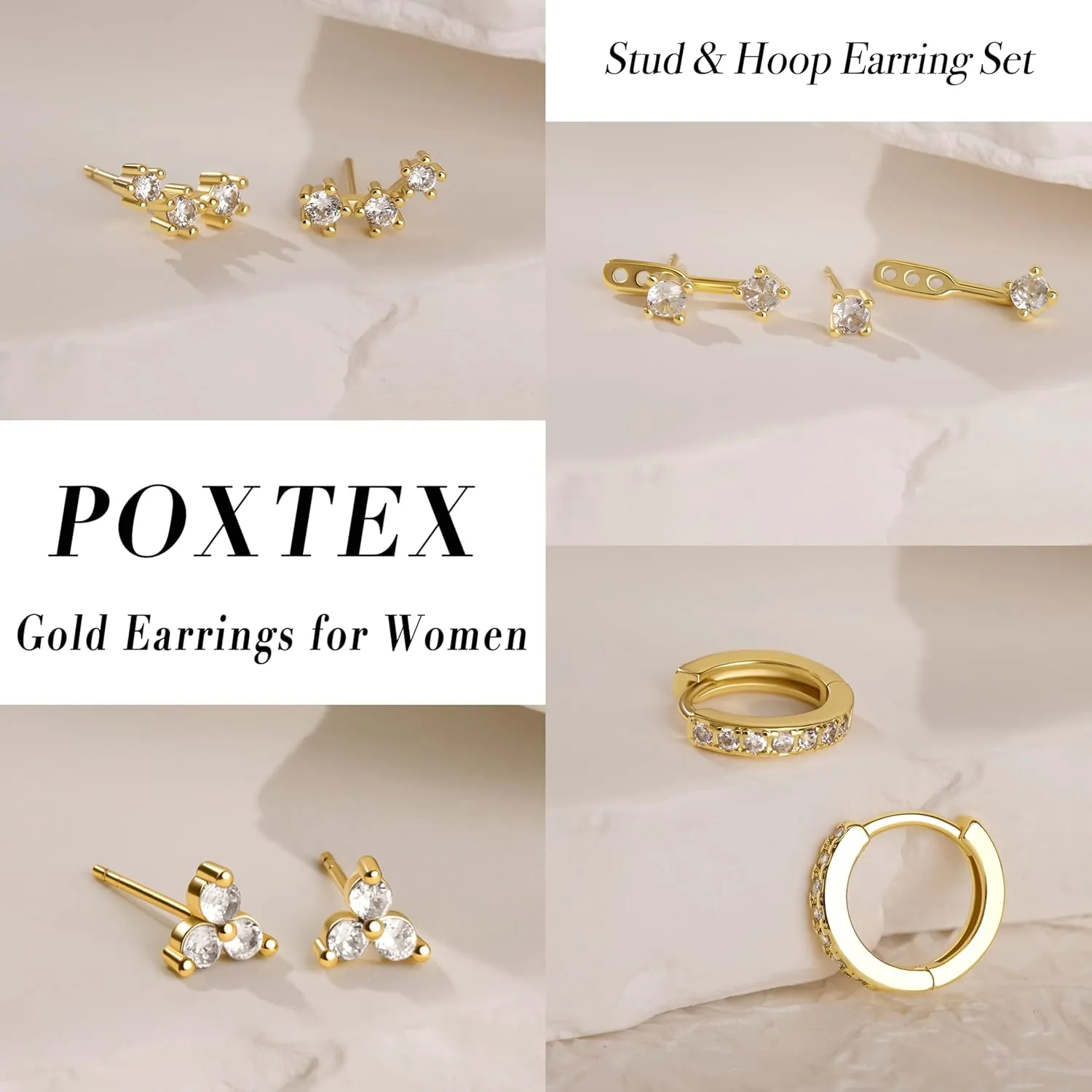 4 Pairs Stud Hoop Earrings Set for Women, Trendy Dangle Jacket Huggie Stacks for Multiple Piercing, Hypoallergenic Cartilage Jewelry Gifts