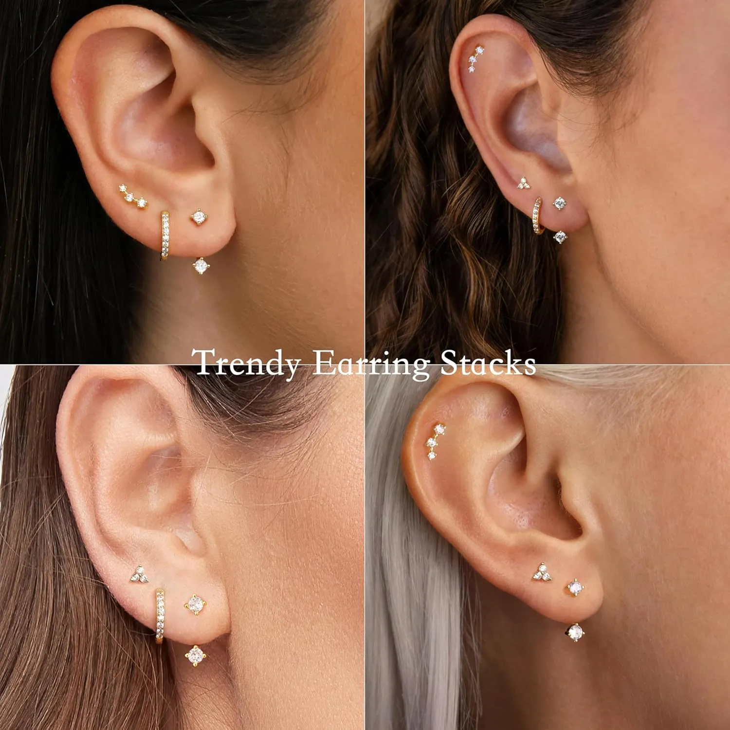 4 Pairs Stud Hoop Earrings Set for Women, Trendy Dangle Jacket Huggie Stacks for Multiple Piercing, Hypoallergenic Cartilage Jewelry Gifts
