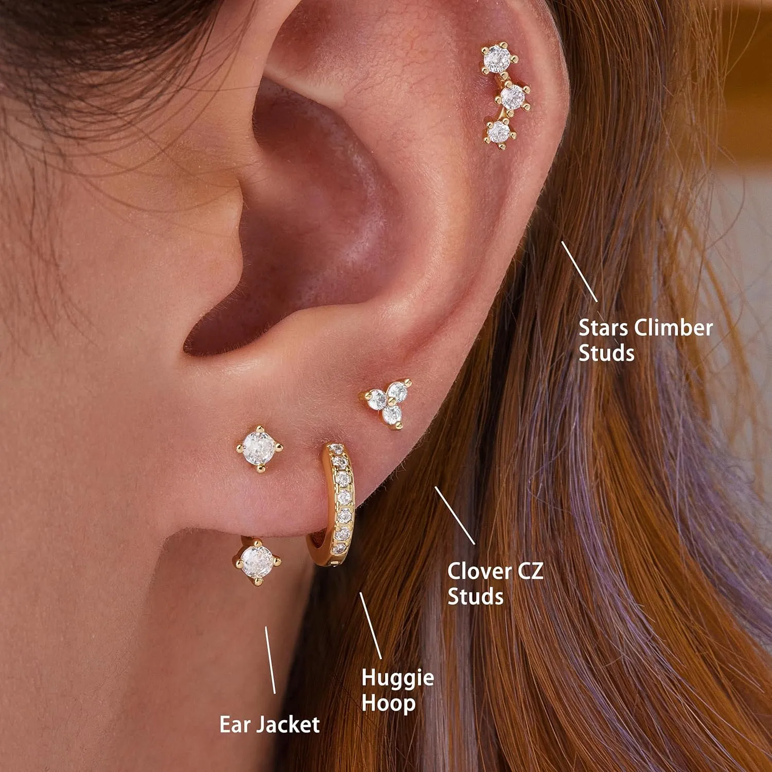 4 Pairs Stud Hoop Earrings Set for Women, Trendy Dangle Jacket Huggie Stacks for Multiple Piercing, Hypoallergenic Cartilage Jewelry Gifts