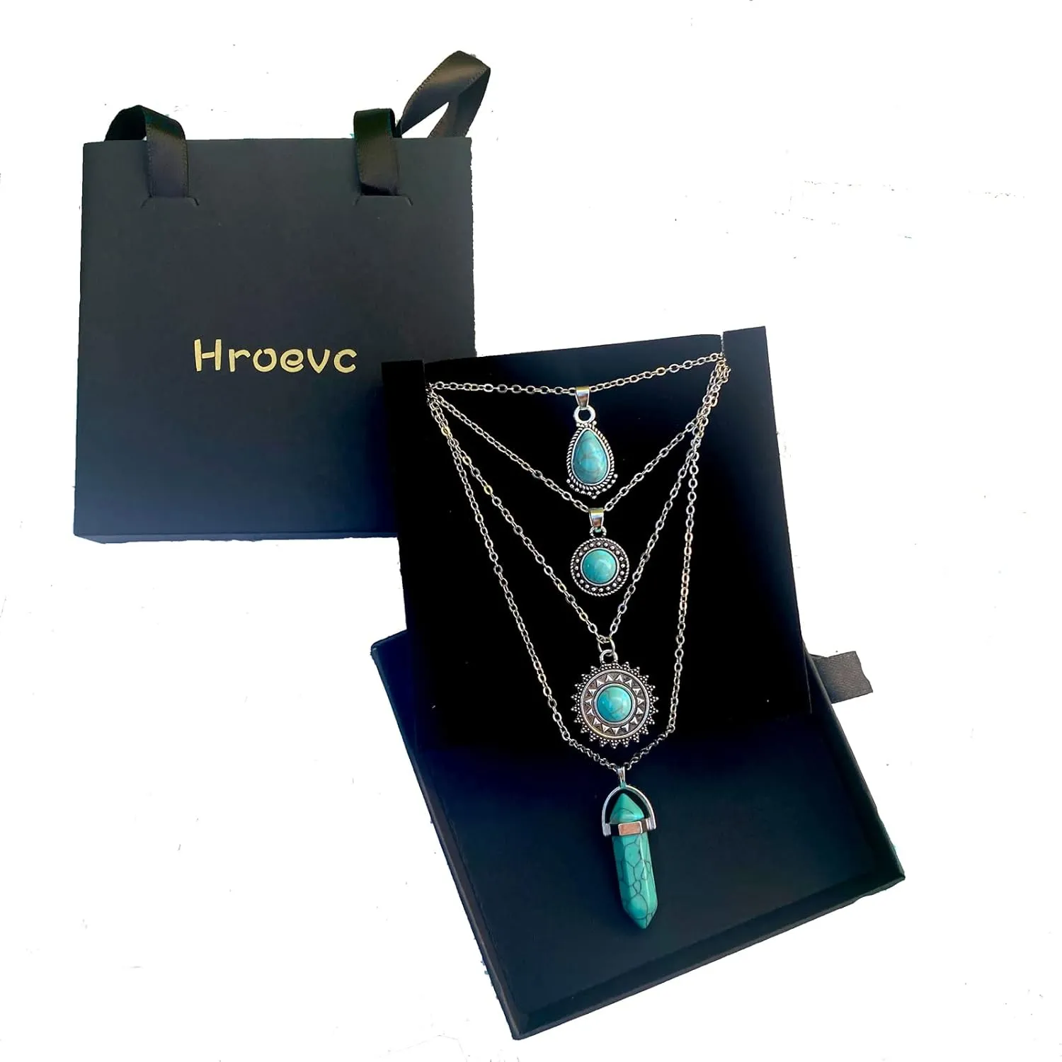 4 PCS Silver Turquoise Layered Necklaces for Women Girls