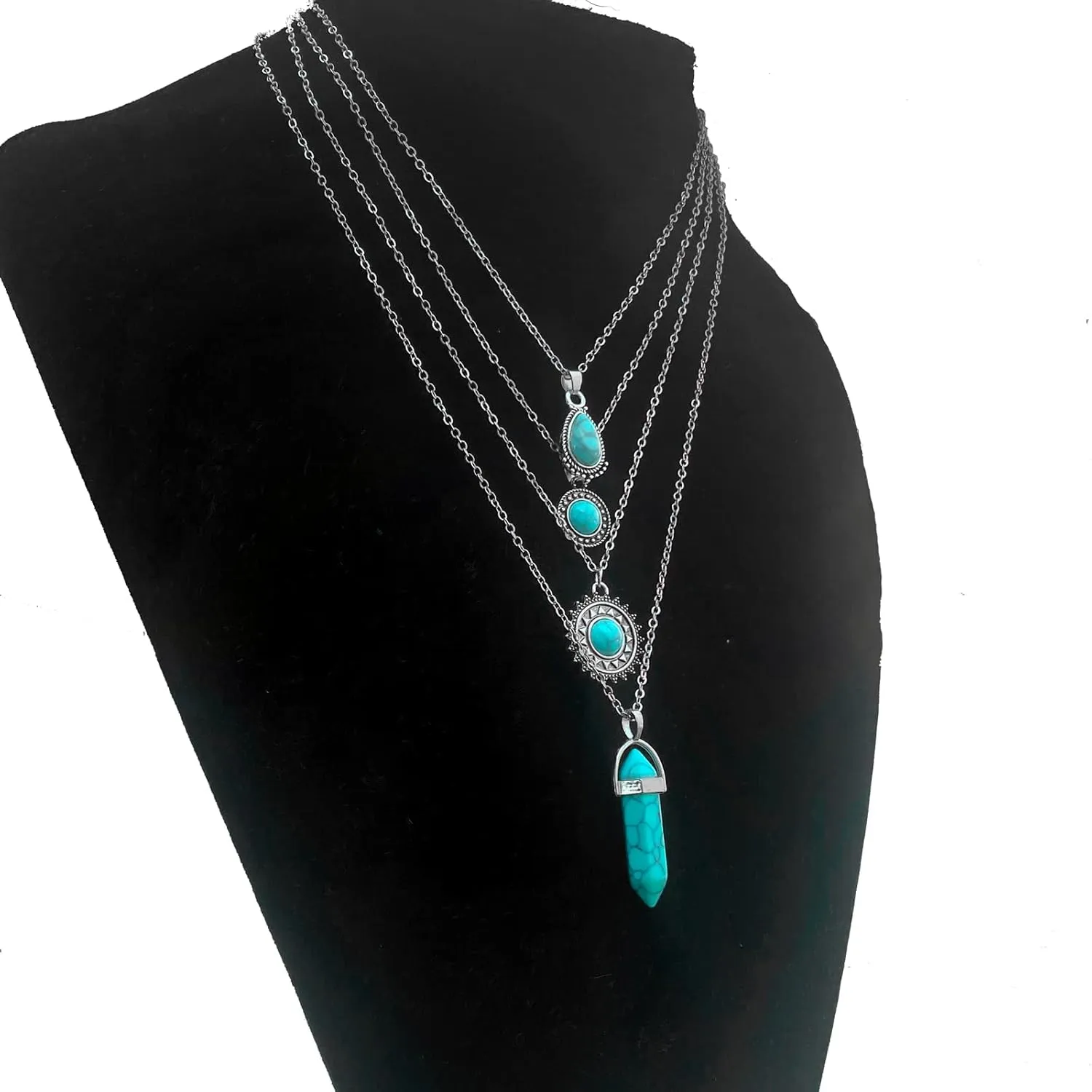 4 PCS Silver Turquoise Layered Necklaces for Women Girls