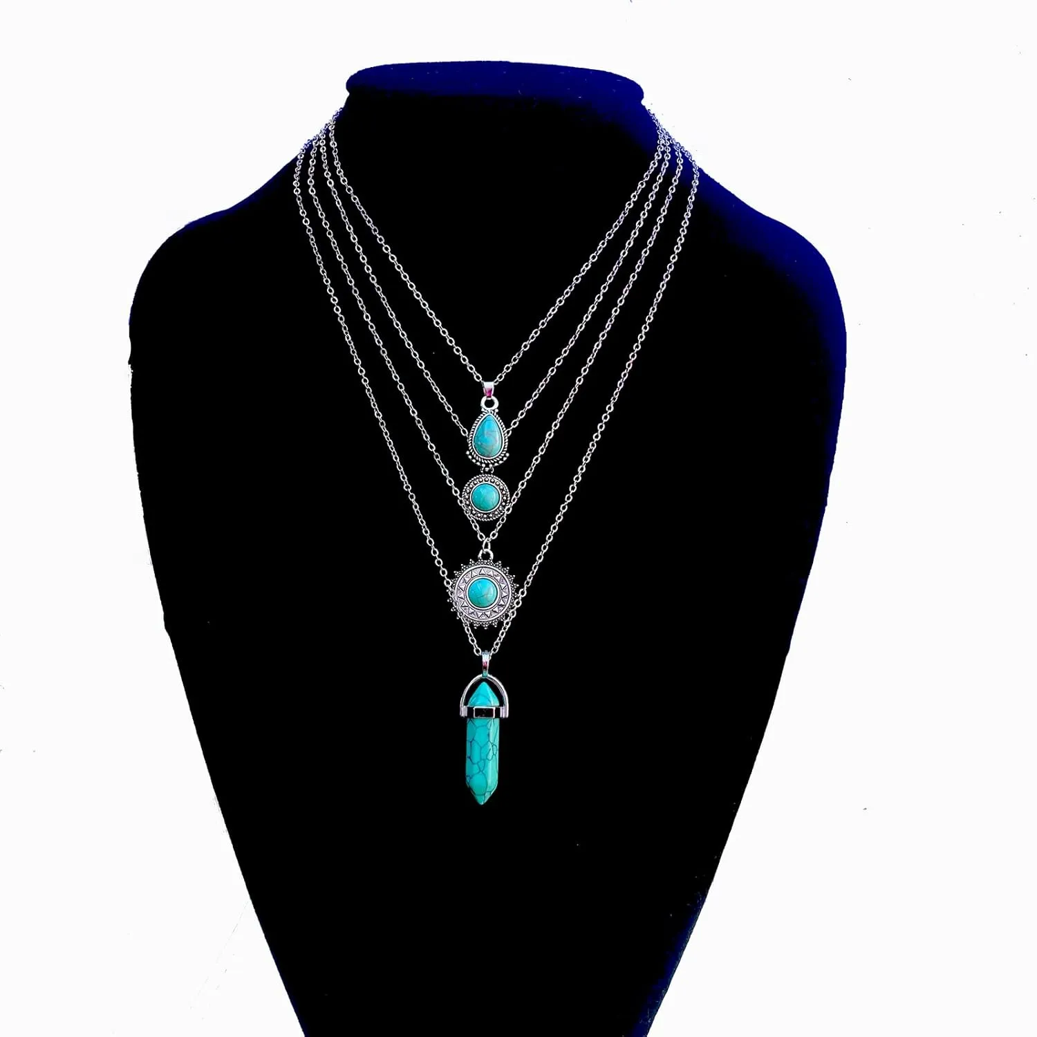 4 PCS Silver Turquoise Layered Necklaces for Women Girls