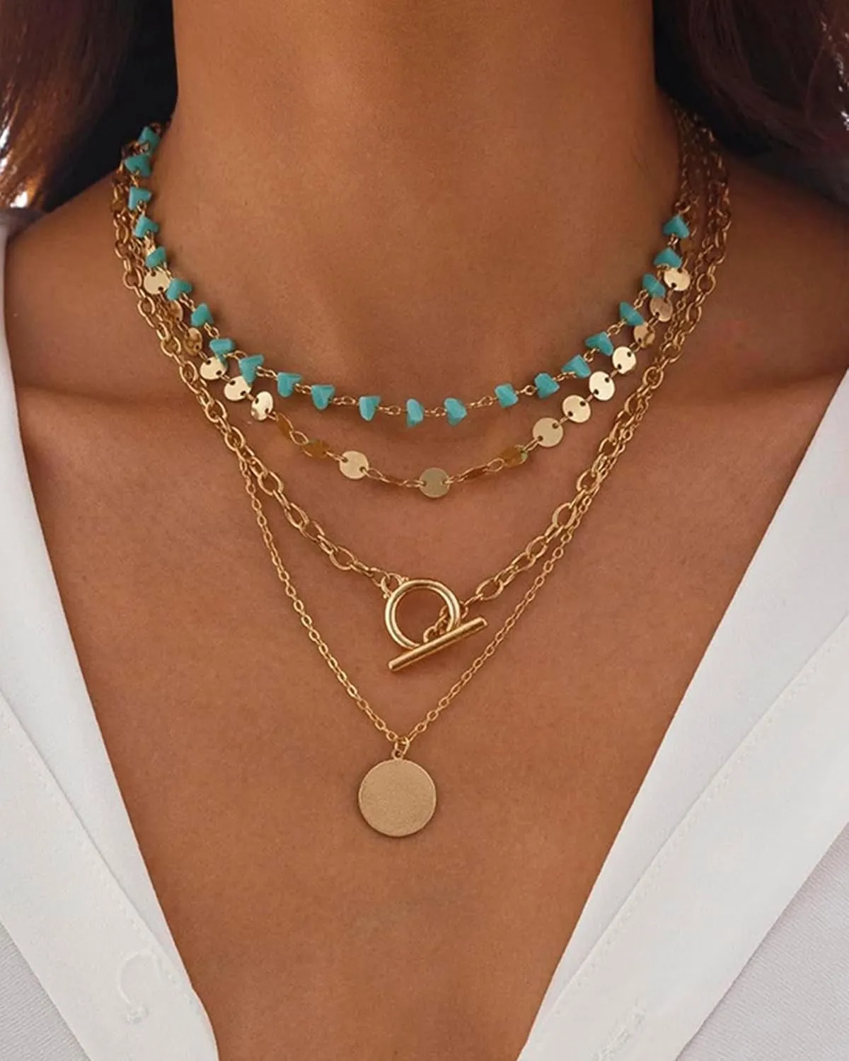 4 Pcs Western Necklaces for Women Layered Boho Neck Chain Turquoise Choker Gold Toggle Clasp Round Disc Pendant Necklaces Western Country Concert Jewelry Accessories