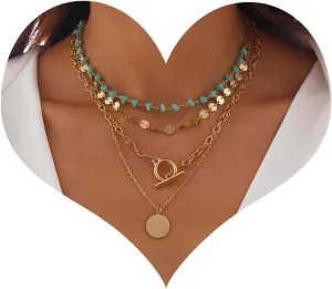 4 Pcs Western Necklaces for Women Layered Boho Neck Chain Turquoise Choker Gold Toggle Clasp Round Disc Pendant Necklaces Western Country Concert Jewelry Accessories