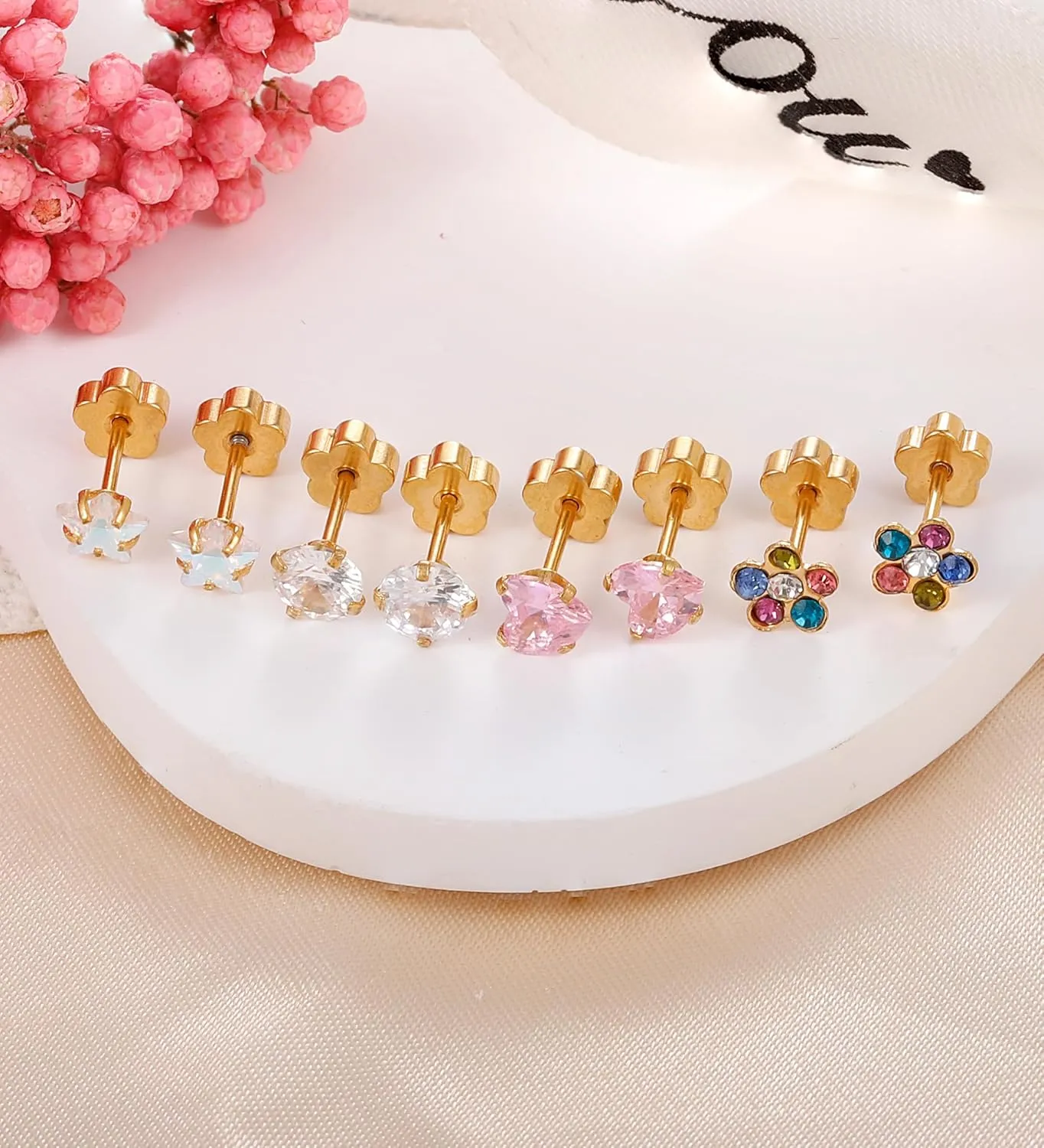 4Pairs Hypoallergenic Flat Back Earrings for Women Stainless Steel Cartilage Earrings Flat Back Heart Star Flower Handmade Screw Back Earrings for Sensitive Skin Nap Earrings Gold StyleB