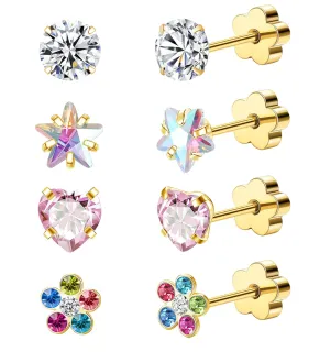 4Pairs Hypoallergenic Flat Back Earrings for Women Stainless Steel Cartilage Earrings Flat Back Heart Star Flower Handmade Screw Back Earrings for Sensitive Skin Nap Earrings Gold StyleB