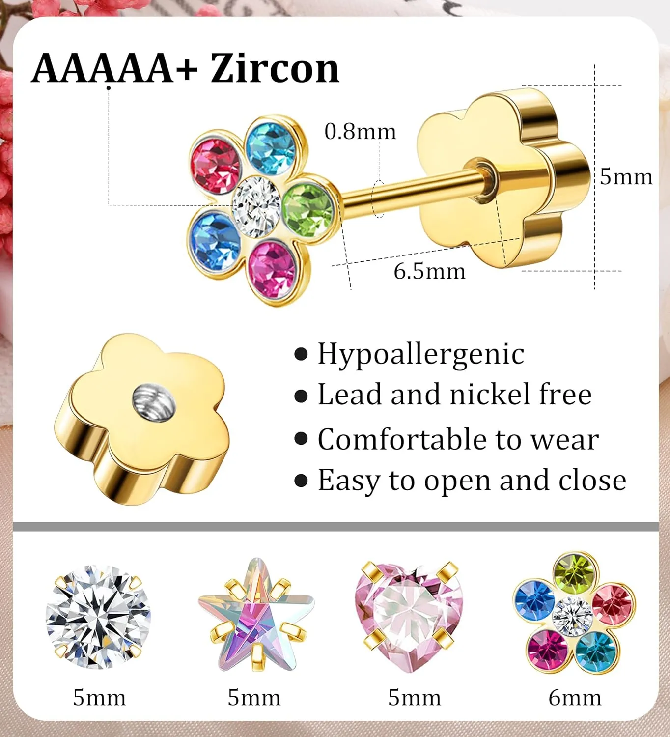 4Pairs Hypoallergenic Flat Back Earrings for Women Stainless Steel Cartilage Earrings Flat Back Heart Star Flower Handmade Screw Back Earrings for Sensitive Skin Nap Earrings Gold StyleB