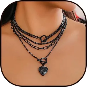 4pcs Black Layered Necklaces Gothic Lock Coin Star Heart Pendant Necklace Dainty Chunky Link Chain Choker Necklaces Multilayer Adjustable Layering Chain Necklaces Set for Women Haloloween Jewelry