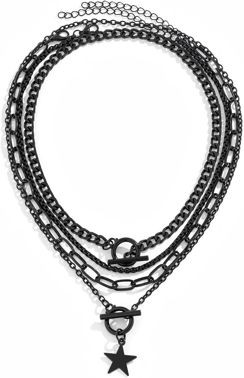 4PCS Gothic Necklace Set Black Layered Necklaces for Women Trendy Star Dangle Necklace Punk Hip Hop Necklaces,Multilayer Adjustable Chain Necklaces Set for Women Jewelry