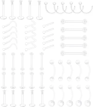 55Pcs Mix Style Clear Piercing Kit Retainer Flexible Lip Nose Eyebrow Nipple Tongue Belly Button Rings Bioflex Plastic Industrial Barbell Piercing Jewelry