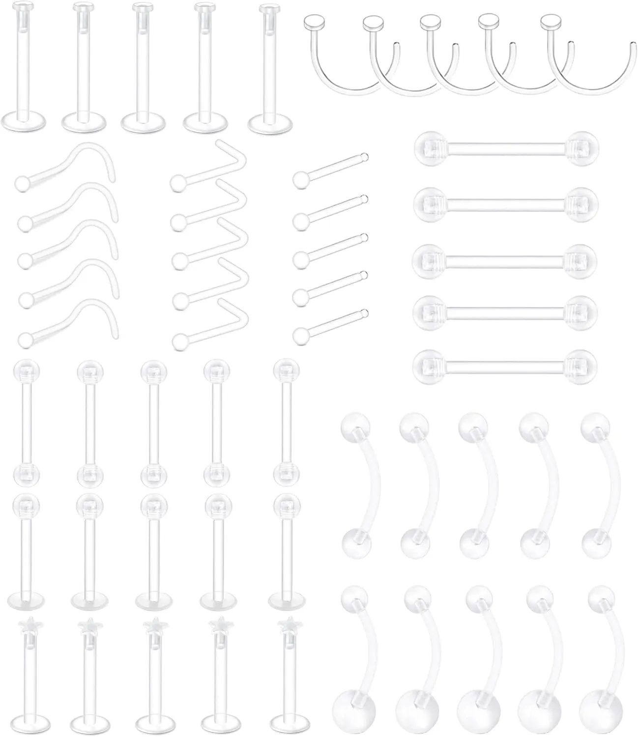 55Pcs Mix Style Clear Piercing Kit Retainer Flexible Lip Nose Eyebrow Nipple Tongue Belly Button Rings Bioflex Plastic Industrial Barbell Piercing Jewelry