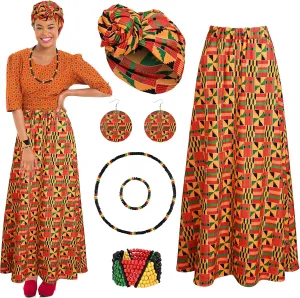 6 Pcs African Printed Outfits for Women with African Head Wrap Dangle Earring Necklace Rasta Beaded Bracelet
