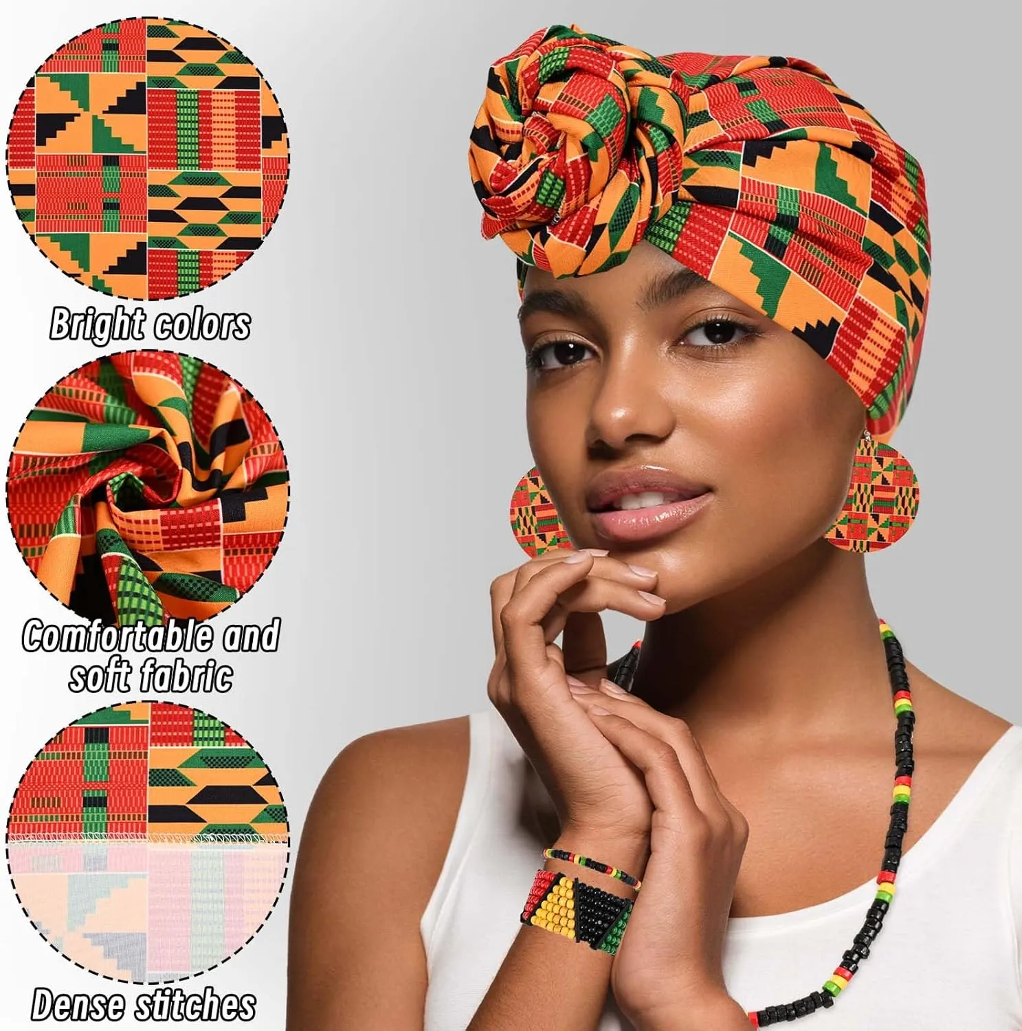 6 Pcs African Printed Outfits for Women with African Head Wrap Dangle Earring Necklace Rasta Beaded Bracelet