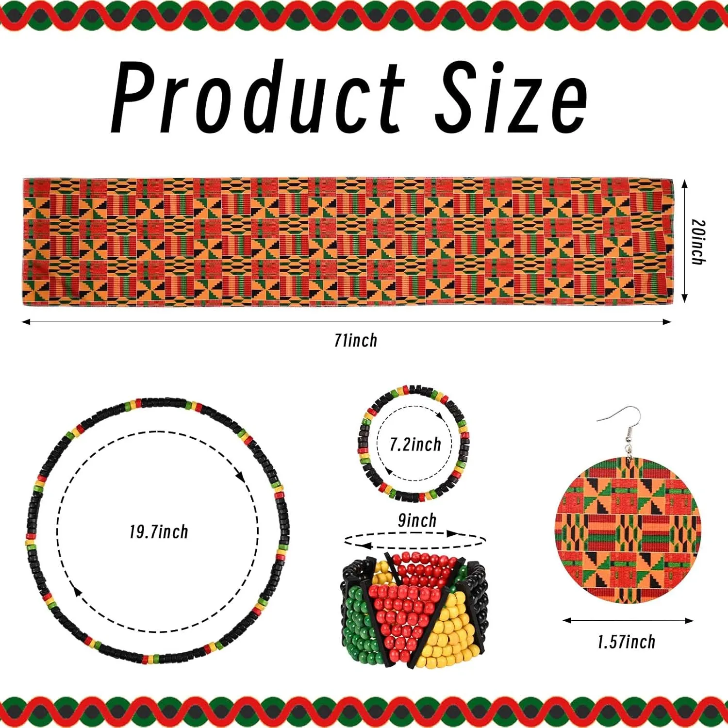 6 Pcs African Printed Outfits for Women with African Head Wrap Dangle Earring Necklace Rasta Beaded Bracelet