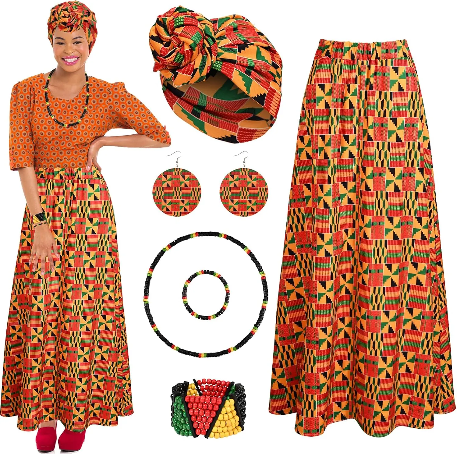 6 Pcs African Printed Outfits for Women with African Head Wrap Dangle Earring Necklace Rasta Beaded Bracelet