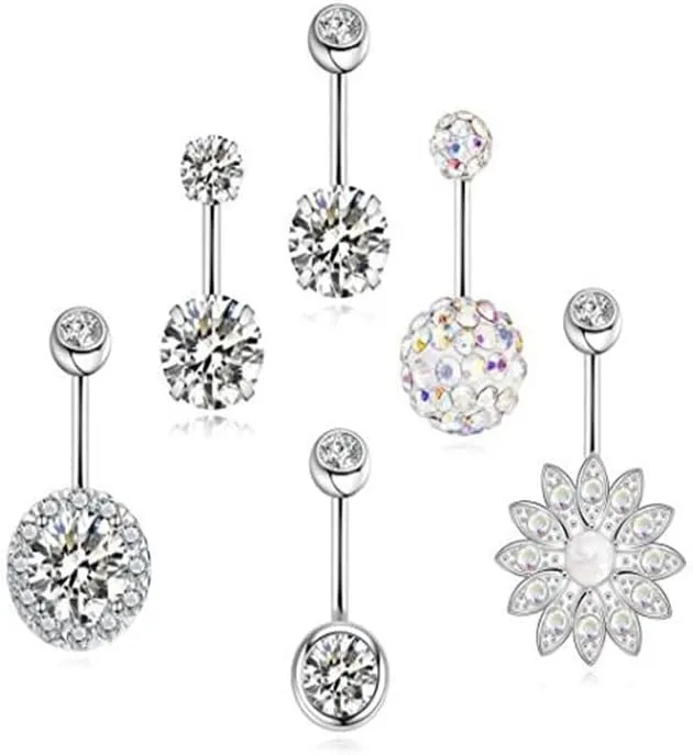 6 Pieces Belly Button Rings,14G Belly Button Piercing Ring with Surgical Steel Belly Button Rings Barbell Jewelry Rings Bulk Long Dangle Navel Ring CZ Body Piercing Jewelry