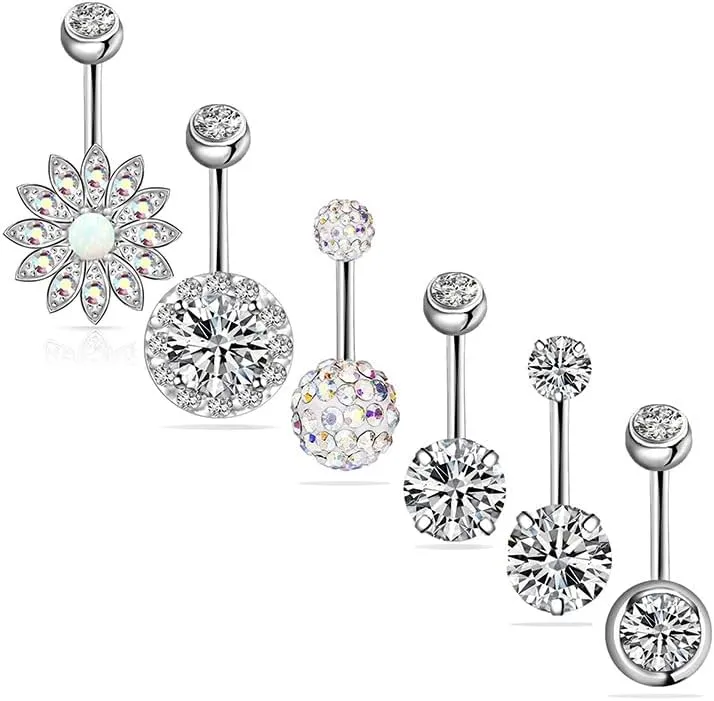 6 Pieces Belly Button Rings,14G Belly Button Piercing Ring with Surgical Steel Belly Button Rings Barbell Jewelry Rings Bulk Long Dangle Navel Ring CZ Body Piercing Jewelry