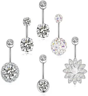 6 Pieces Belly Button Rings,14G Belly Button Piercing Ring with Surgical Steel Belly Button Rings Barbell Jewelry Rings Bulk Long Dangle Navel Ring CZ Body Piercing Jewelry