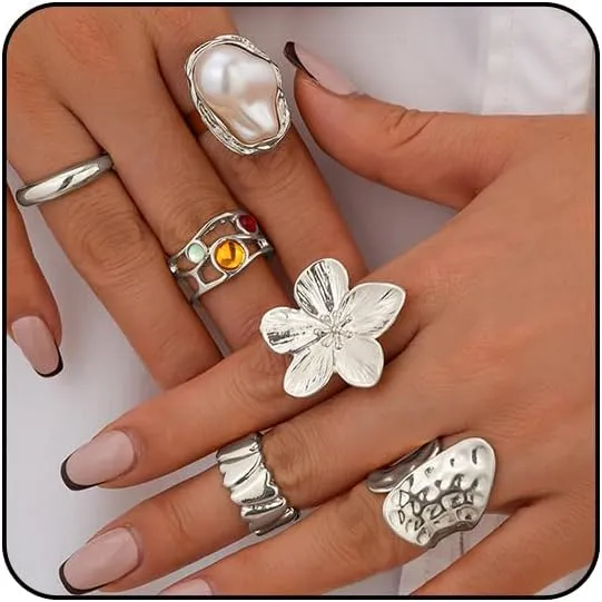 6PCS Chunky Gold Rings for Women Non Tarnish Statement Silver Rings Set Pearl Flower Rings for Women Stackable Knuckle Ring Chunky Jewelry