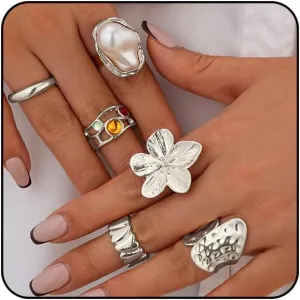 6PCS Chunky Gold Rings for Women Non Tarnish Statement Silver Rings Set Pearl Flower Rings for Women Stackable Knuckle Ring Chunky Jewelry