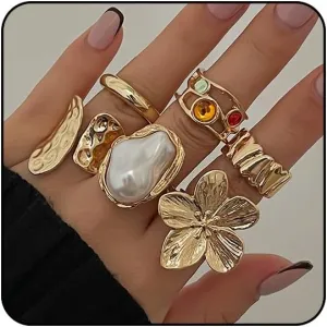 6PCS Chunky Gold Rings for Women Stackable Silver Rings Set Pearl Flower Rings for Women Knuckle Ring Chunky Jewelry