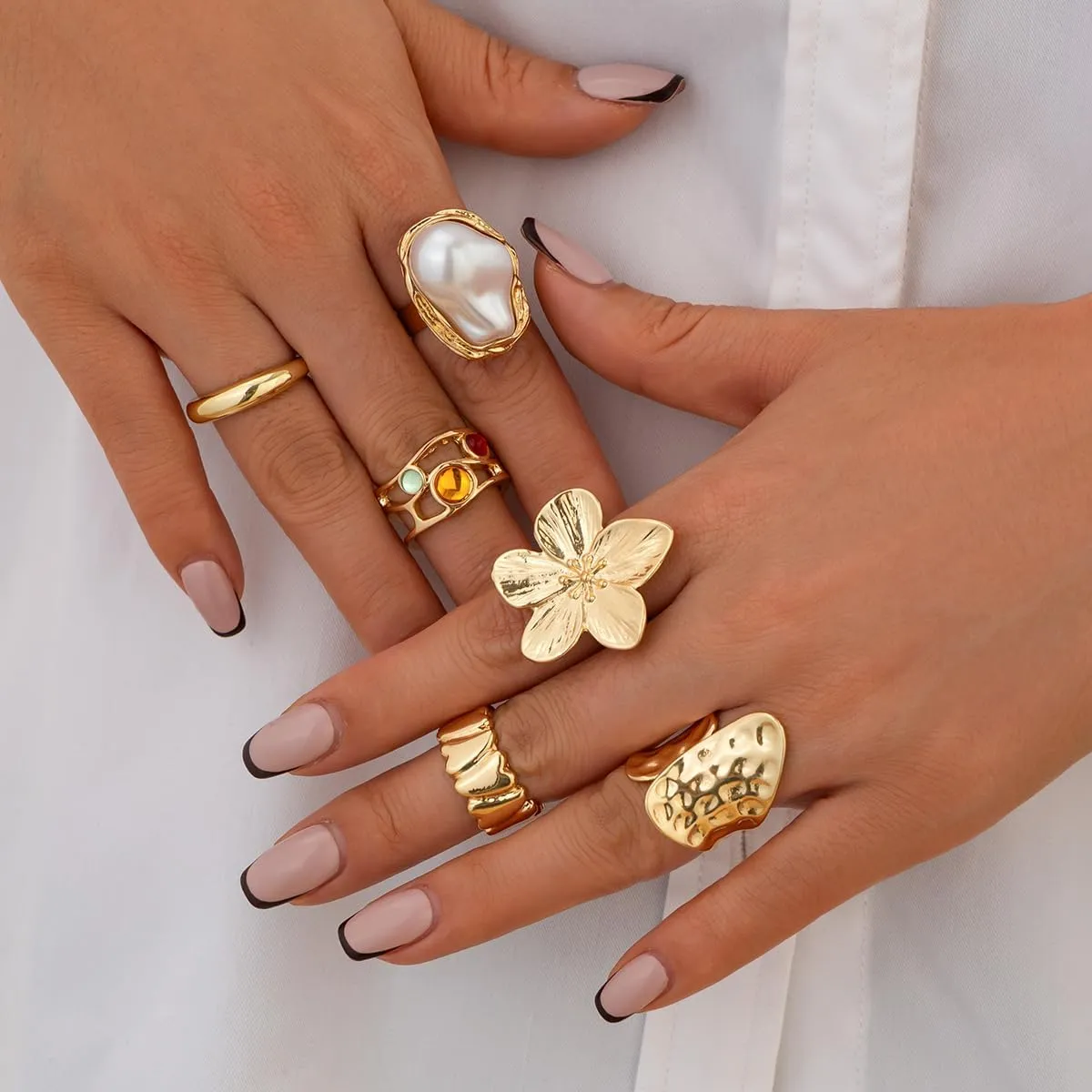 6PCS Chunky Gold Rings for Women Stackable Silver Rings Set Pearl Flower Rings for Women Knuckle Ring Chunky Jewelry