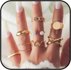 8PCS Chunky Gold Ring Set for Women Chunky Thumb Rings Pearl Knuckle Rings Hollow Heart Rings Boho Rings Adjustable Open Stackable Rings Jewelry Set