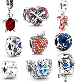 9 Pack Silver Bead Charms for Pandora Bracelets and Necklaces Charm for Woman Dangle Pendant Beads Set