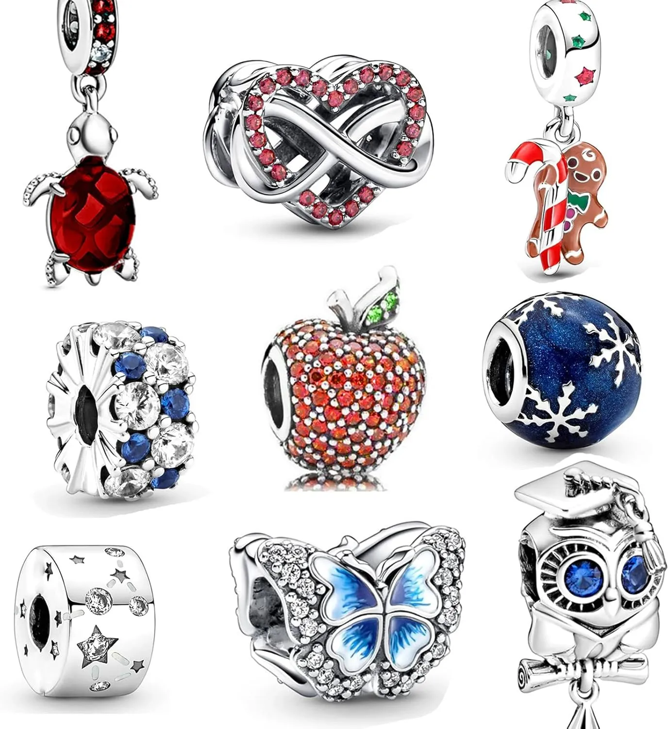 9 Pack Silver Bead Charms for Pandora Bracelets and Necklaces Charm for Woman Dangle Pendant Beads Set
