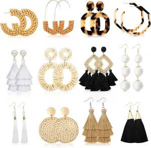 9 Pairs-26 Pairs Rattan Earrings for Women Girls Lightweight Acrylic Geometric Statement Woven Earrings Handmade Straw Wicker Braid Hoop Drop Dangle Earrings
