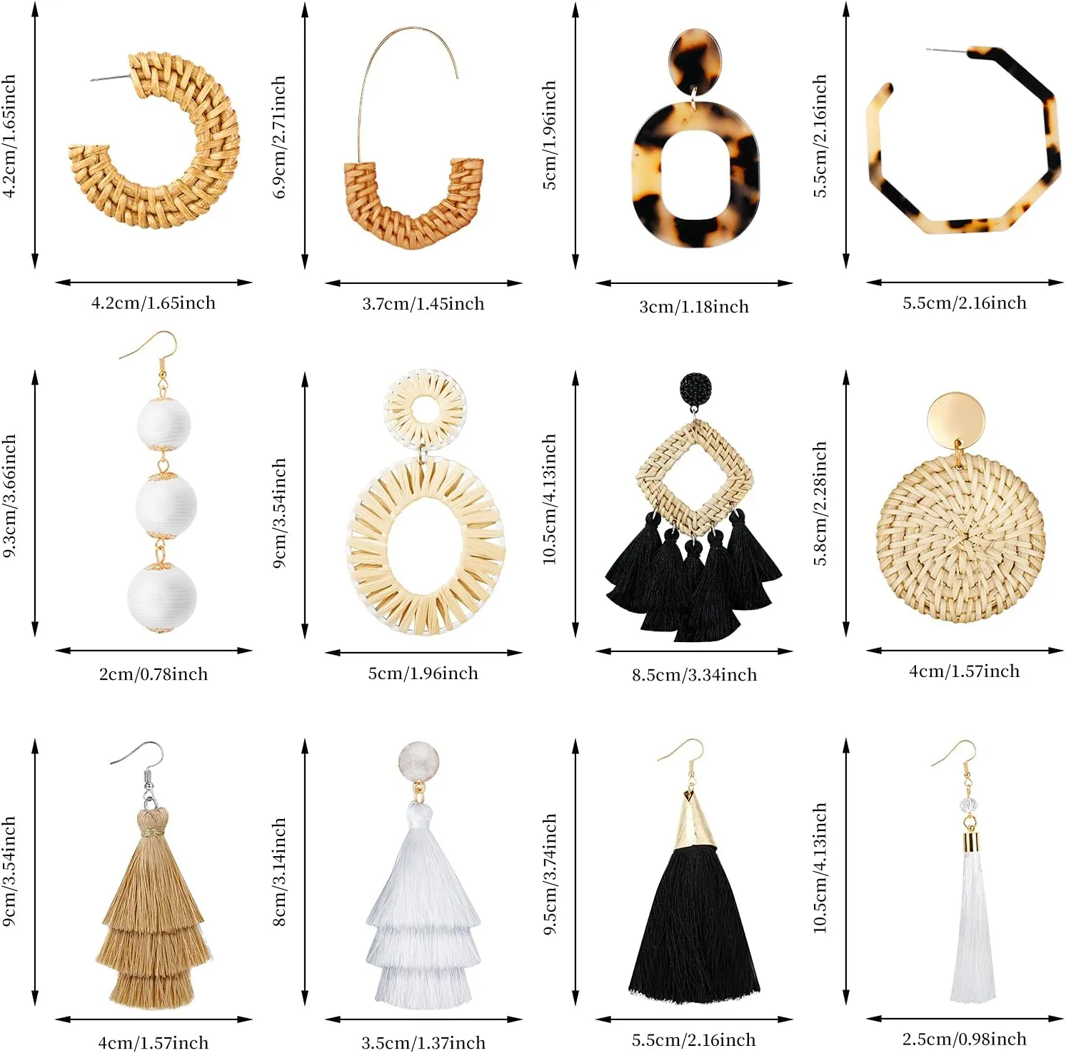9 Pairs-26 Pairs Rattan Earrings for Women Girls Lightweight Acrylic Geometric Statement Woven Earrings Handmade Straw Wicker Braid Hoop Drop Dangle Earrings