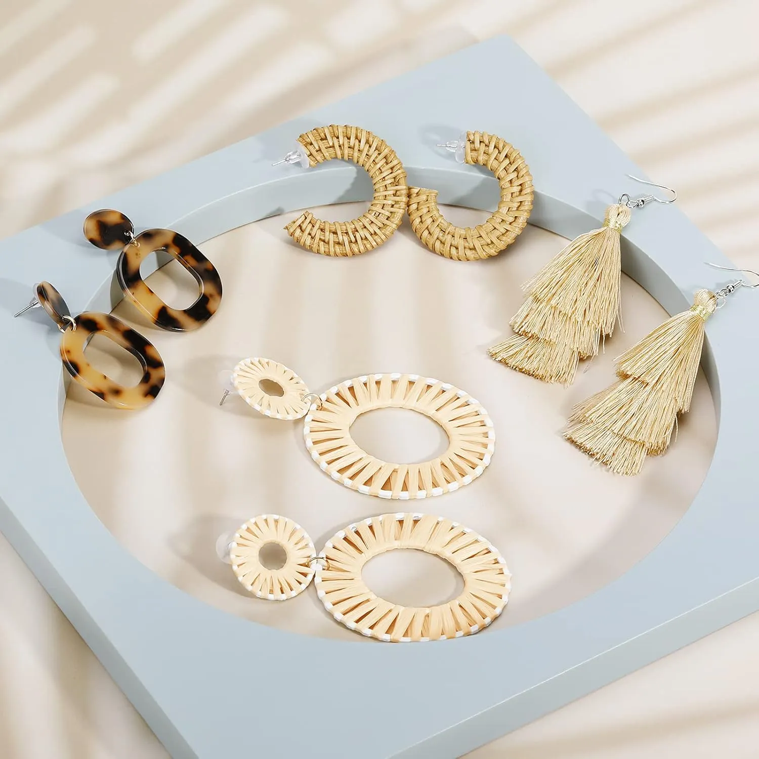 9 Pairs-26 Pairs Rattan Earrings for Women Girls Lightweight Acrylic Geometric Statement Woven Earrings Handmade Straw Wicker Braid Hoop Drop Dangle Earrings