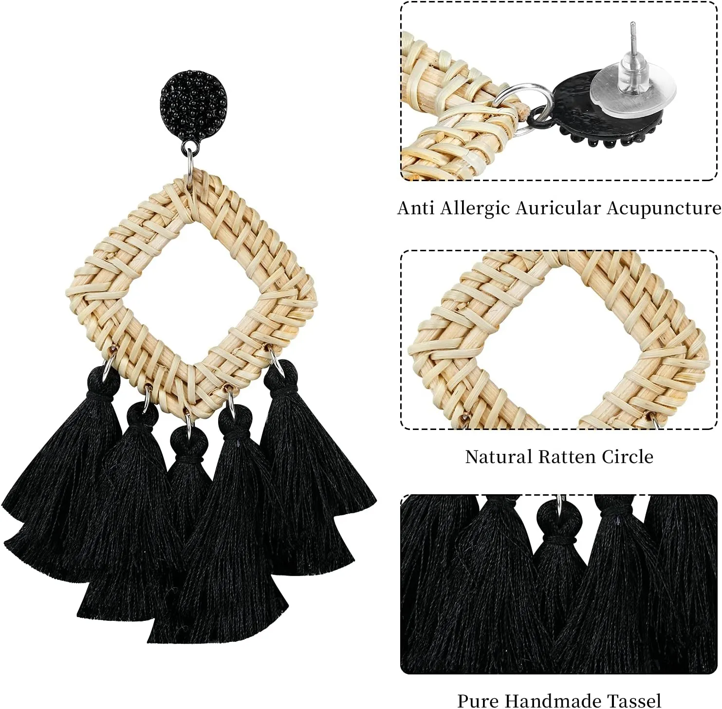 9 Pairs-26 Pairs Rattan Earrings for Women Girls Lightweight Acrylic Geometric Statement Woven Earrings Handmade Straw Wicker Braid Hoop Drop Dangle Earrings