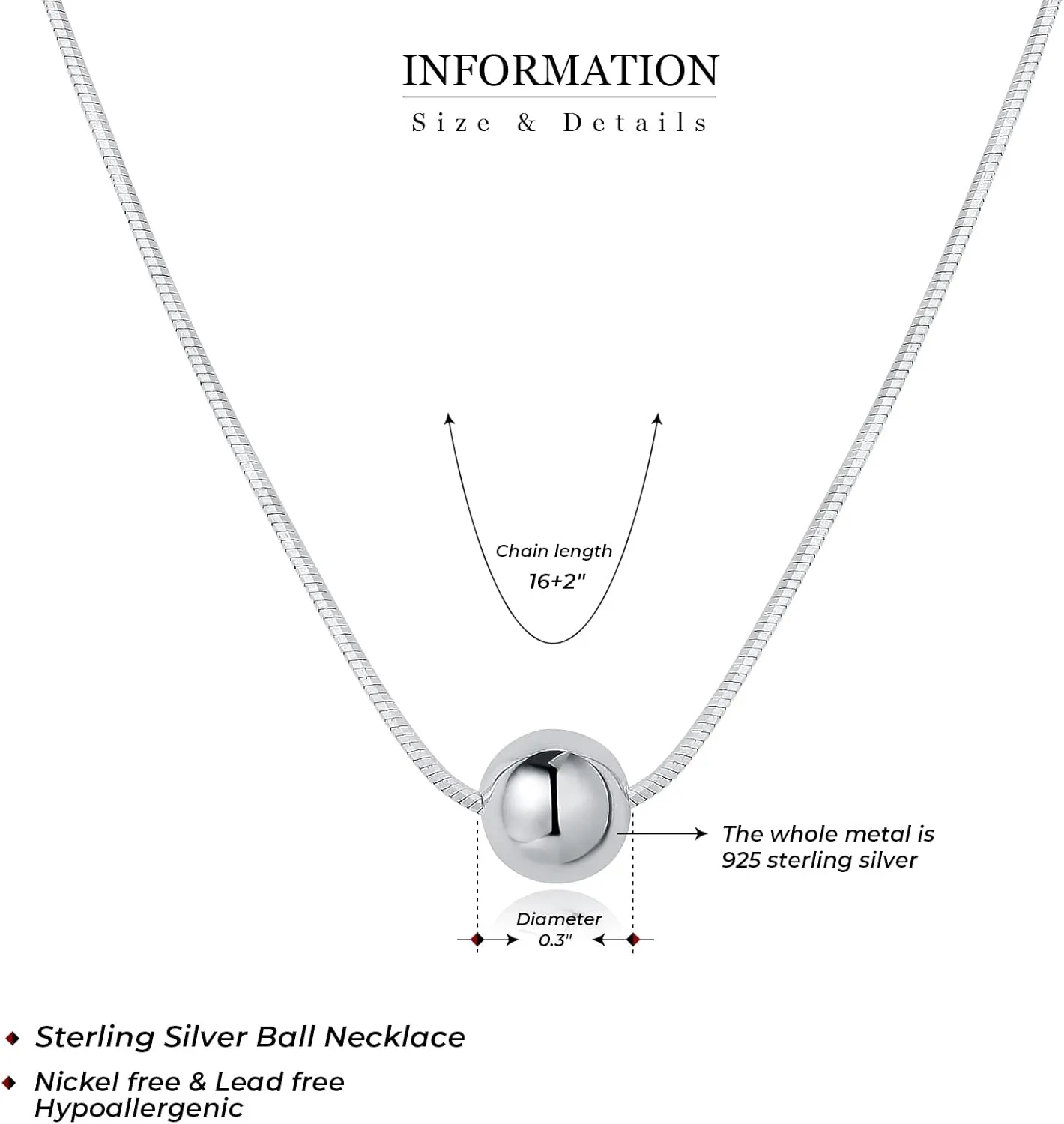 925 Sterling Silver Ball Bead Pendant Necklaces for Women, Silver Ball Necklaces for Women Mom Birthday