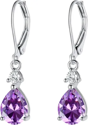925 Sterling Silver Blue Topaz/Amethyst/Rainbow Quartz CZ Teardrop Leverback Earrings Drop Dangly Gemstone Earings Hypoallergenic Birthday Jewelry Gifts for Women