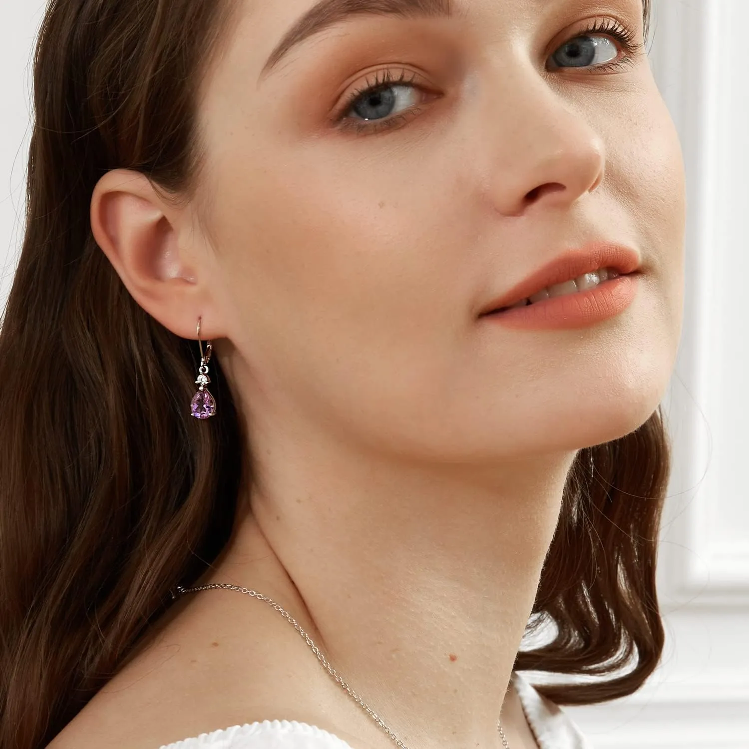 925 Sterling Silver Blue Topaz/Amethyst/Rainbow Quartz CZ Teardrop Leverback Earrings Drop Dangly Gemstone Earings Hypoallergenic Birthday Jewelry Gifts for Women